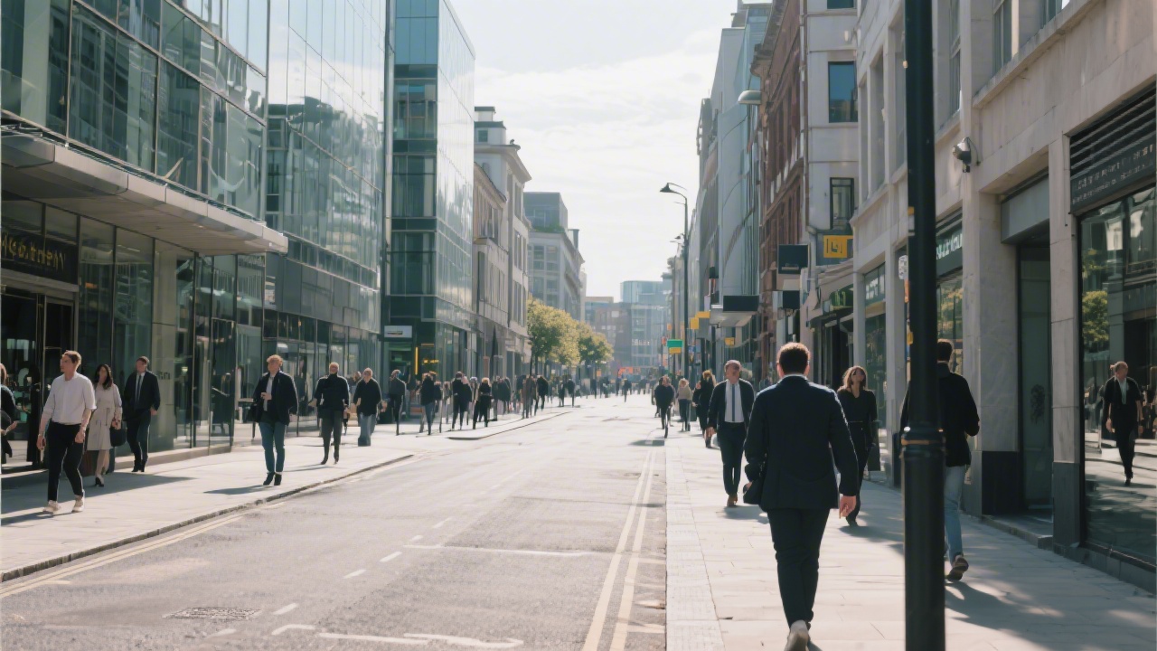 Dublin city street with modern offices and pedestrians, representing the local Irish business environment and the setting for practical marketing education.