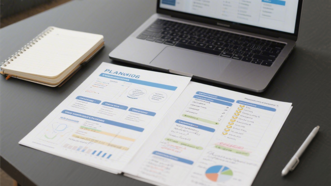 Notebook and laptop with planning templates, campaign checklists, and analytics notes, showing a structured hands-on teaching approach and practical exercises.