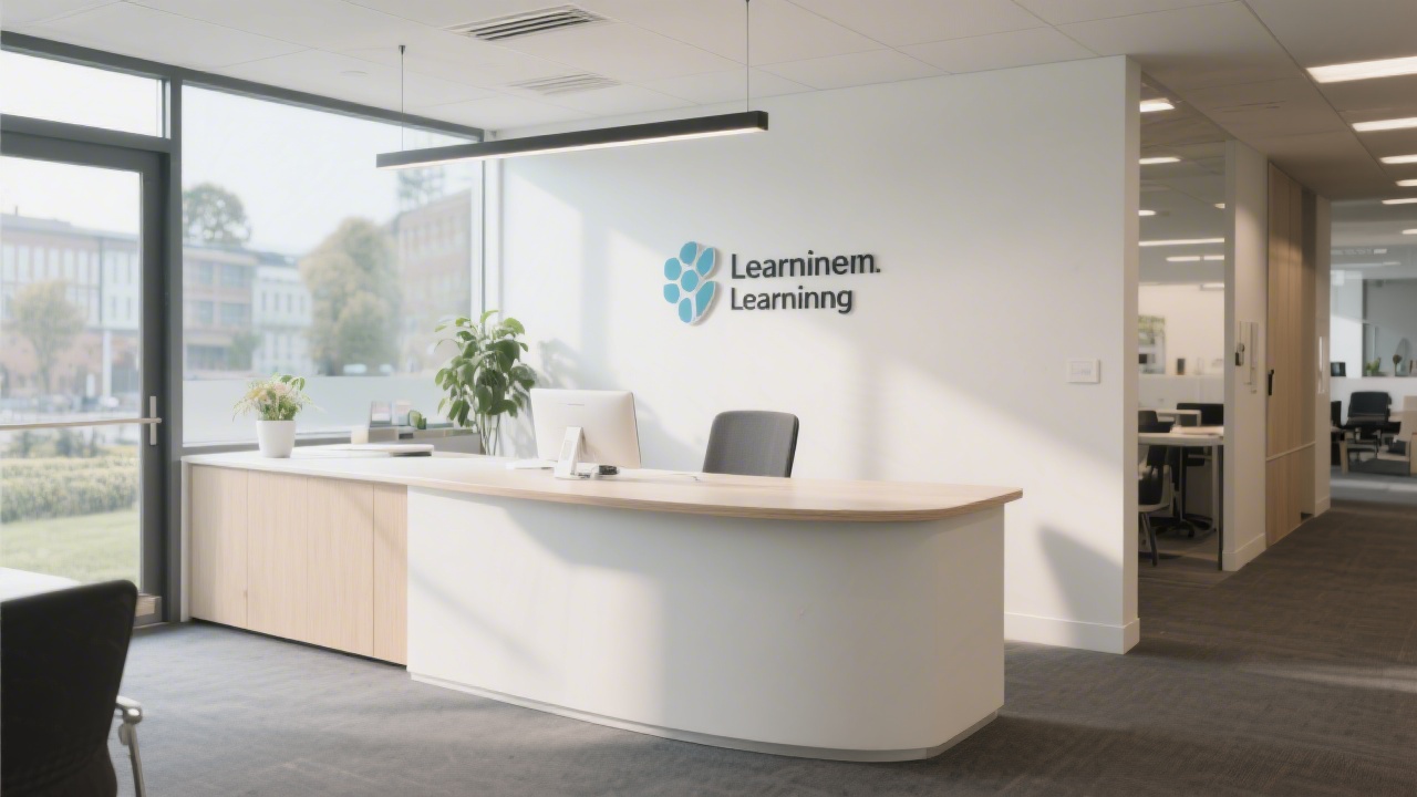 Modern Dublin office reception with a clean desk, subtle branding, and daylight, representing a professional and welcoming learning environment.