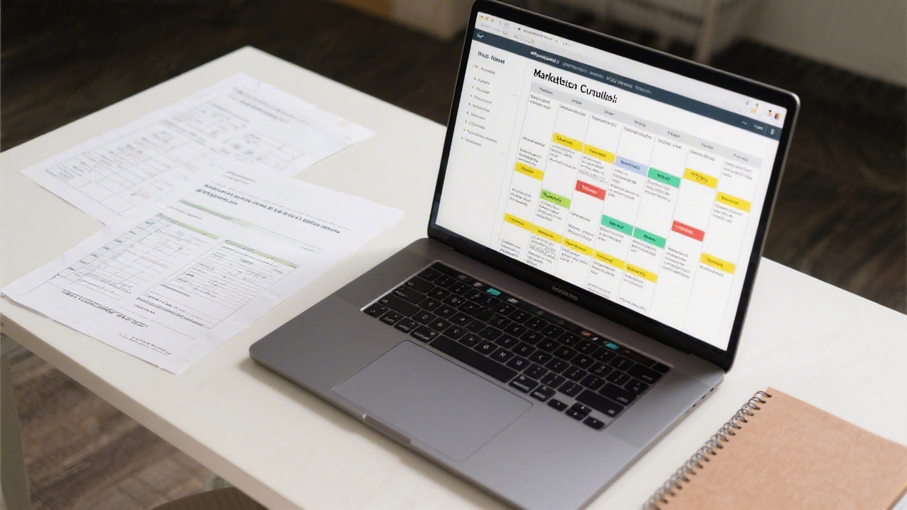 Open laptop showing a detailed marketing curriculum schedule, alongside printed worksheets and a notebook, representing structured modules and applied learning.
