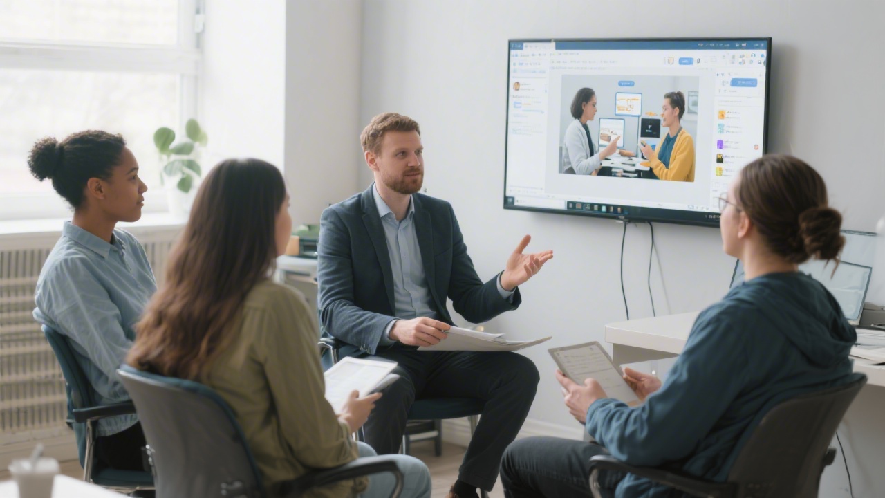 Small group of learners in a virtual session with a trainer, showing a shared screen and discussion, emphasizing flexible online delivery and collaborative practice.