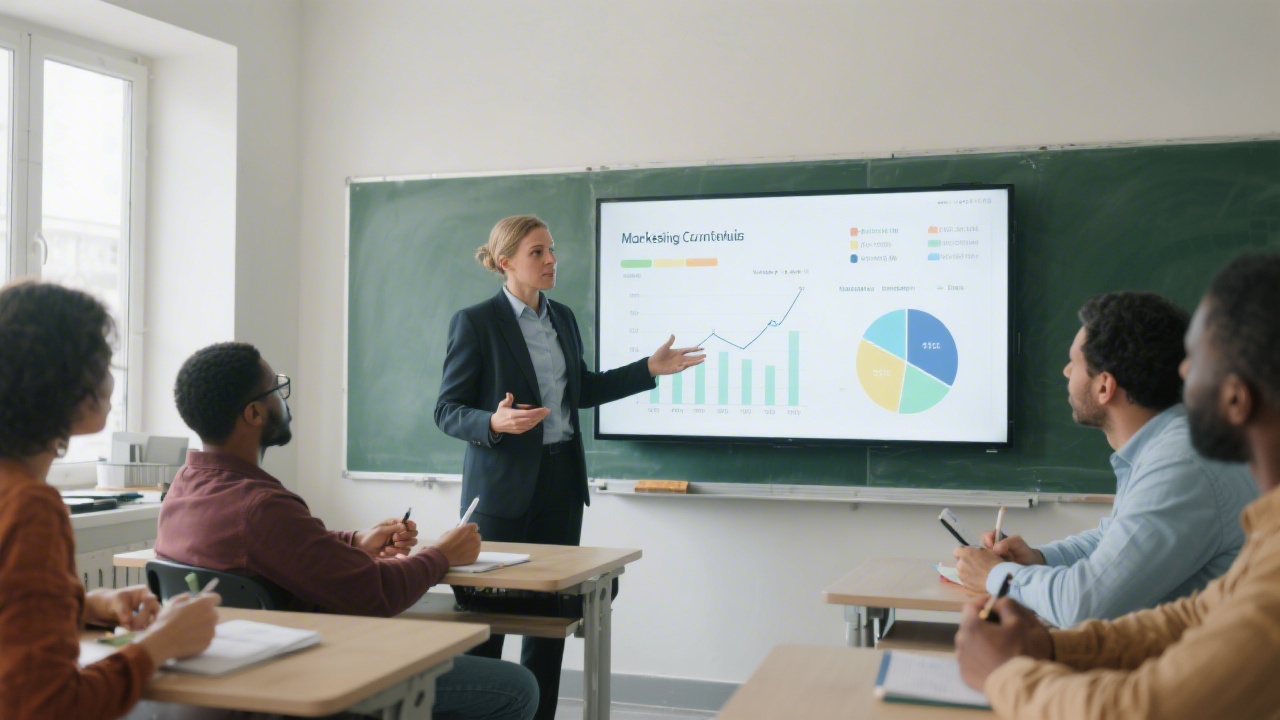 Marketing trainer explaining campaign results on a large screen with graphs, while small business owners take notes and discuss practical next steps in a classroom setting.