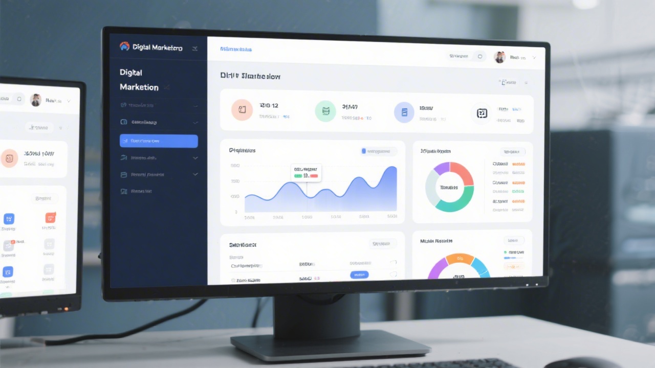 Digital marketing tool interface screenshots on a desktop monitor, with analytics graphs and campaign settings visible, illustrating practical platform training for SMEs.